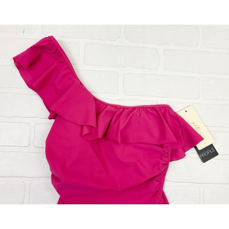 NWT Profile By Gottex Tutti Frutti Ruffle One Shoulder One Piece Swimsuit Pink 6