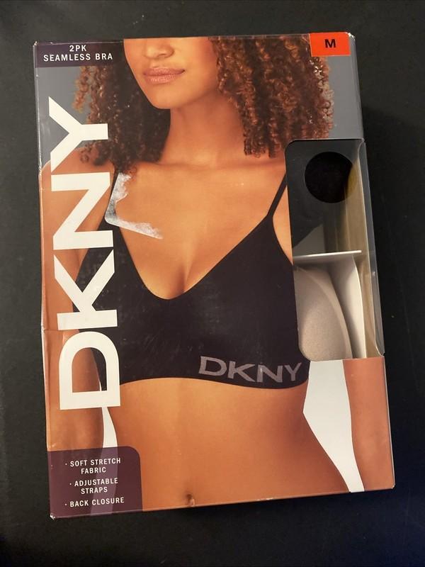 NWT SET OF 2 DKNY BLACK / SAND SEAMLESS BRA ADJ STRAP SZ M #177C