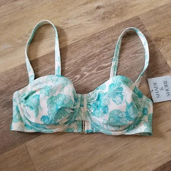 NWT Shade & Shore Blue Floral Shirred Balconette Bikini Top Size 36DD