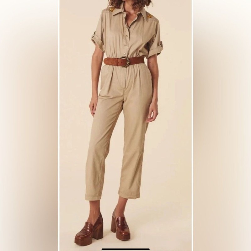 NWT Spell Foxglove Embroidered Boilersuit With Fixed Tie In Khaki Sz Small