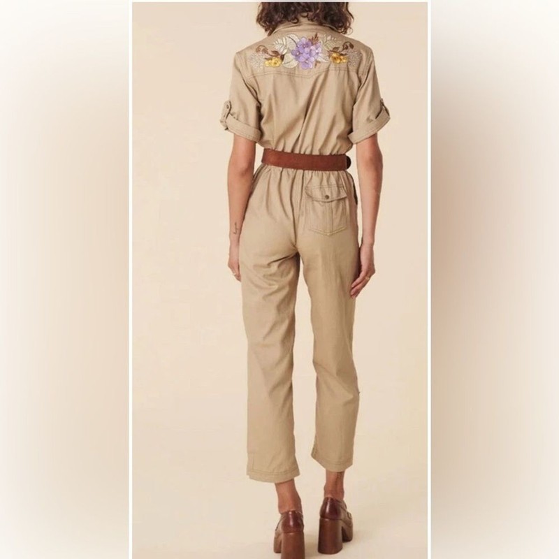 NWT Spell Foxglove Embroidered Boilersuit With Fixed Tie In Khaki Sz Small