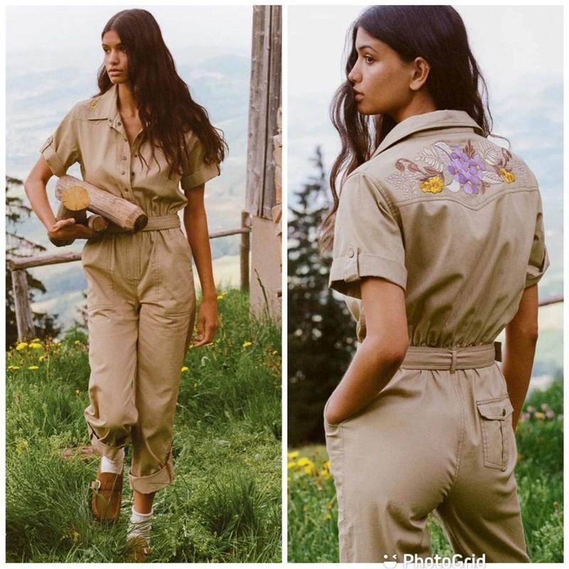 NWT Spell Foxglove Embroidered Boilersuit with fixed Tie in Khaki Sz Small