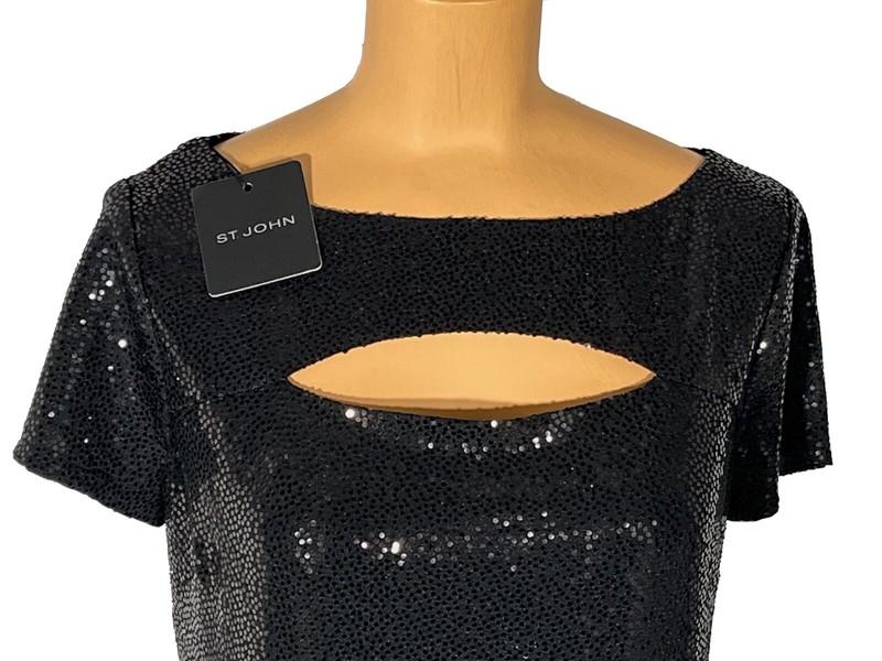 NWT ST. JOHN Knits Black Sequin Stretch Crepe Sheath Shift Dress Sz 14 $1495
