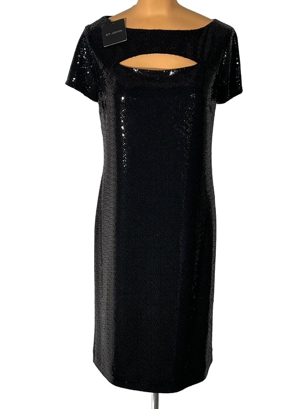NWT ST. JOHN Knits Black Sequin Stretch Crepe Sheath Shift Dress sz 14 $1495