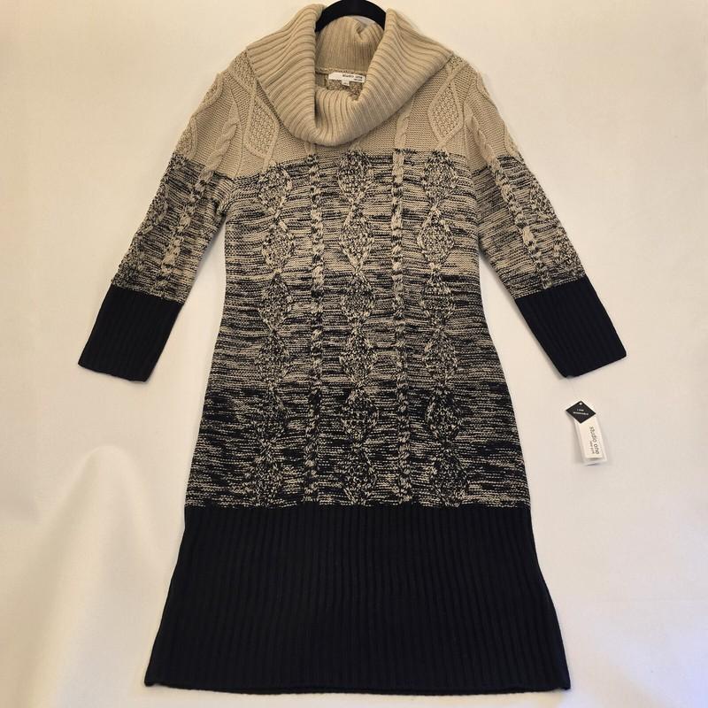 NWT Studio One NY Womens Dress Large Sweater Cable Chunky Knit Black Tan Cowl
