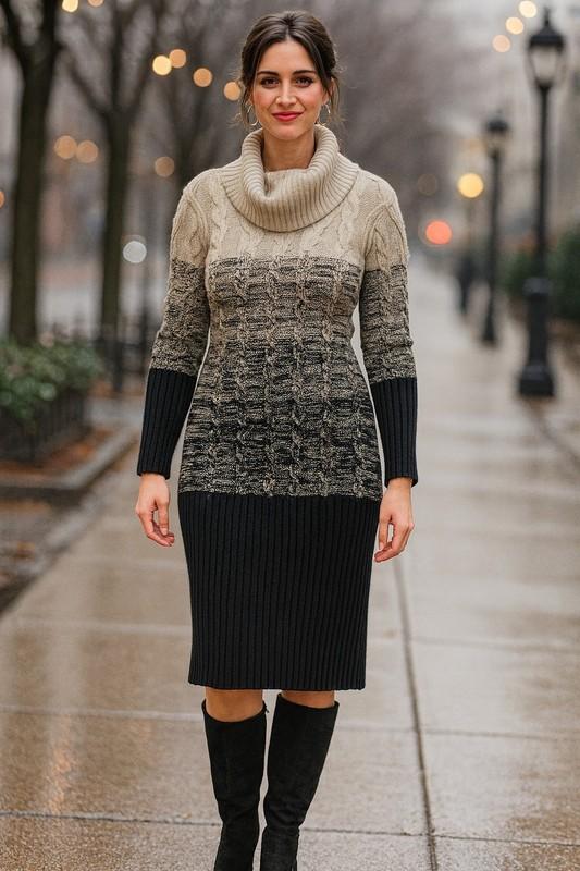 NWT Studio One NY Womens Dress Large Sweater Cable Chunky Knit Black Tan Cowl