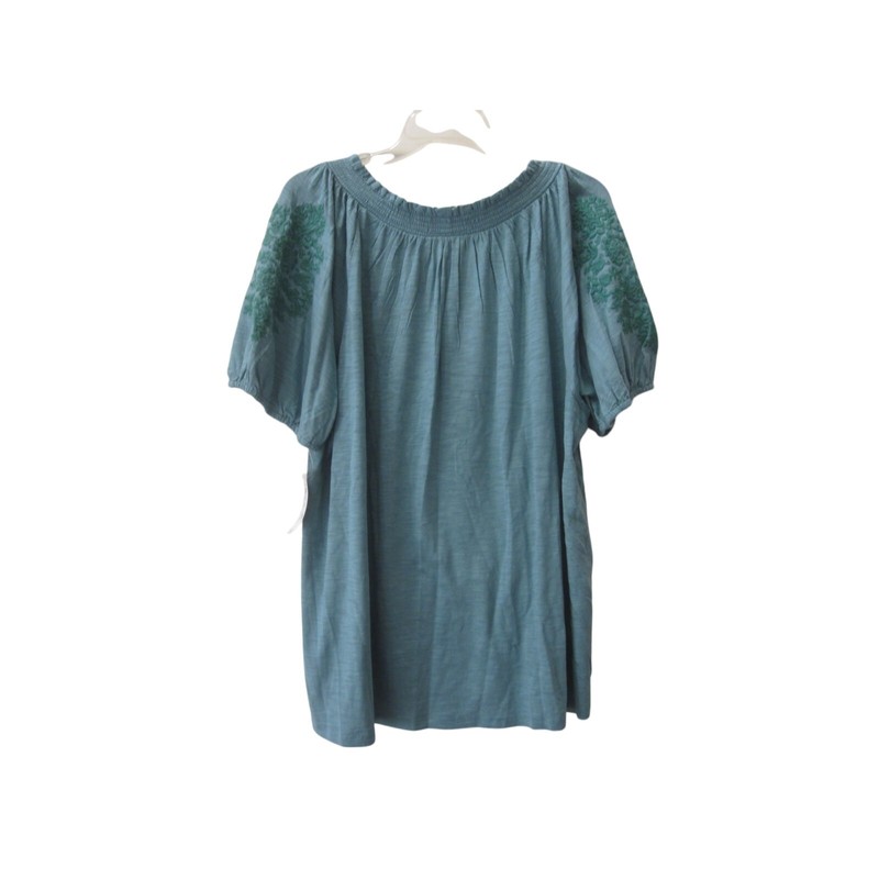 NWT SYTLE & CO Woman Teal W/ Embroidery Short Sleeve BOHO Shirt Top 3X