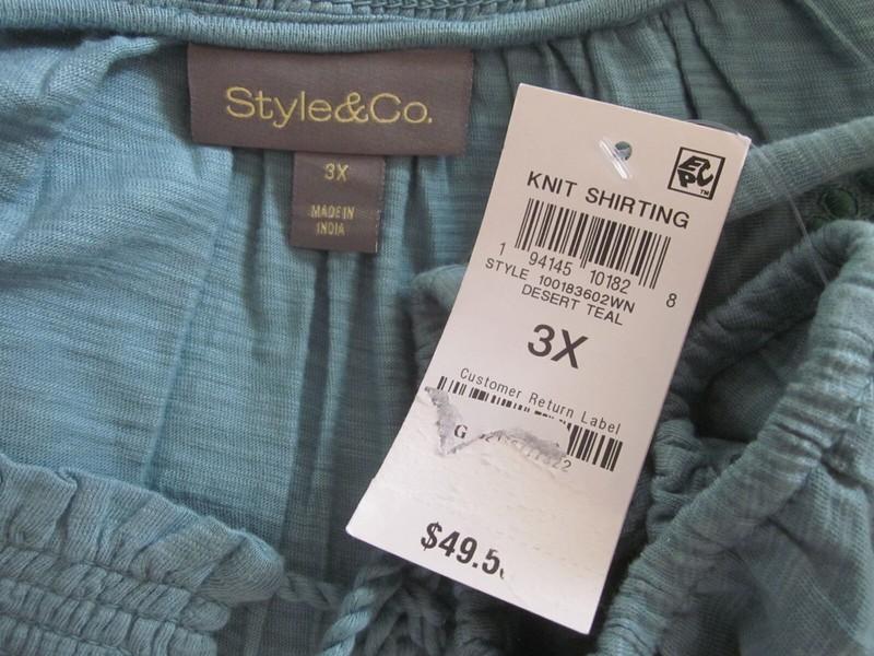 NWT SYTLE & CO Woman Teal W/ Embroidery Short Sleeve BOHO Shirt Top 3X