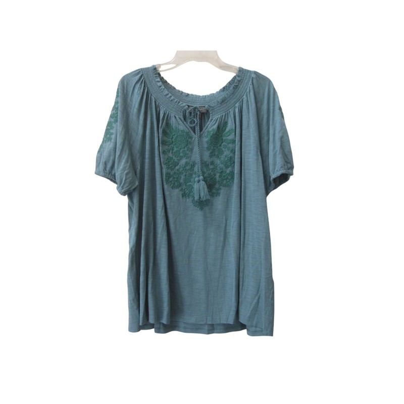 NWT SYTLE & CO Woman Teal w/ Embroidery Short Sleeve BOHO Shirt Top 3X