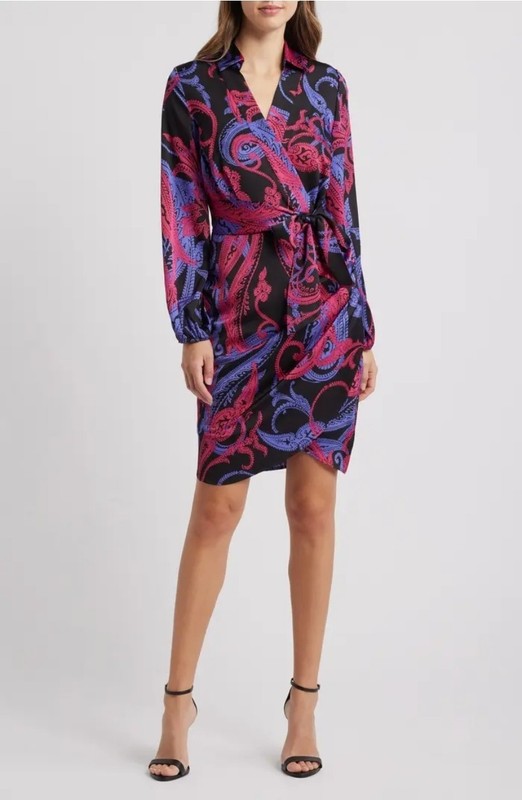 Nwt Tahari ASL Women's Size 4 Printed Faux-Wrap Dress $139