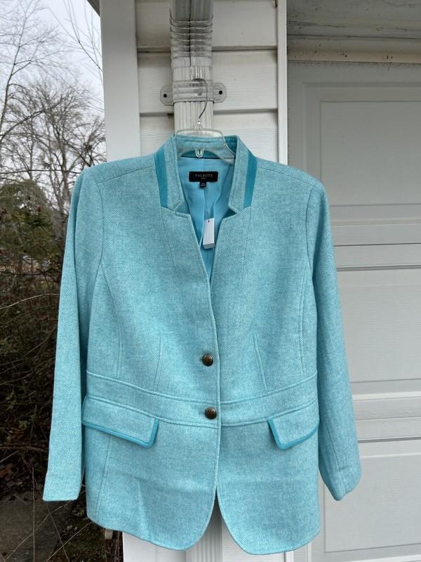 NWT Talbots Gorgeous Turquoise & White Herringbone Wool Blend Lined Blazer 22W