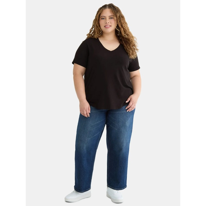 NWT Terra & Sky Women’s Plus 3X (24W-26W) Soft V Neck Core Tee Shirt Black