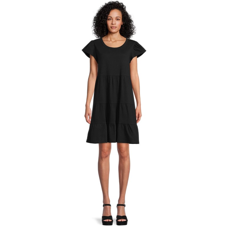 NWT Time And Tru Women's M (8-10) Black Short Sleeve Tiered Knit Dress W Pockets