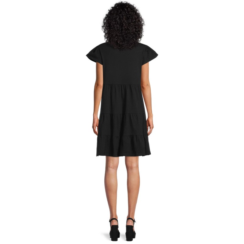 NWT Time And Tru Women's M (8-10) Black Short Sleeve Tiered Knit Dress W Pockets