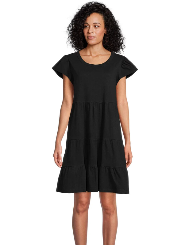 NWT Time and Tru Women's M (8-10) Black Short Sleeve Tiered Knit Dress w Pockets