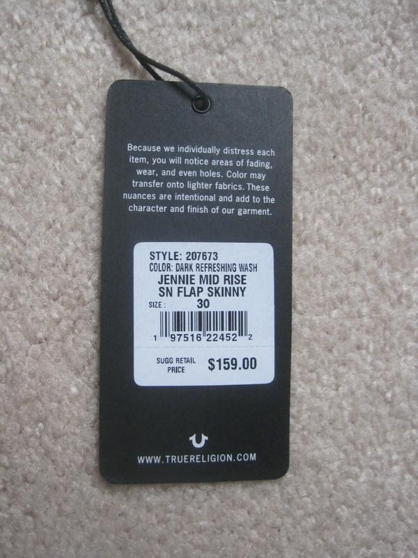 NWT True Religion Jennie Curvy Mid Rise Flap Single Needle Skinny Jeans Sz 30