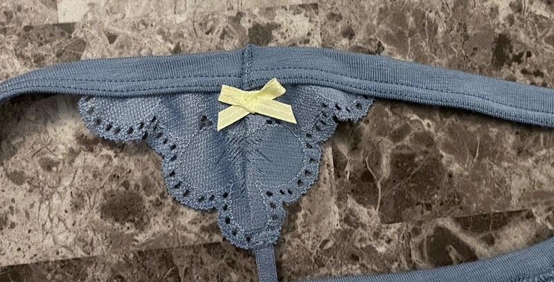 NWT VICTORIA'S SECRET BLUE FLORAL LACE BOW PICOT THONG V STRING PANTIES
