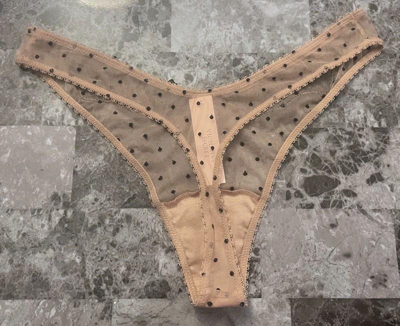 NWT VICTORIA'S SECRET NUDE MESH BLACK POLKA DOT LACE HIGH LEG THONG PANTIES