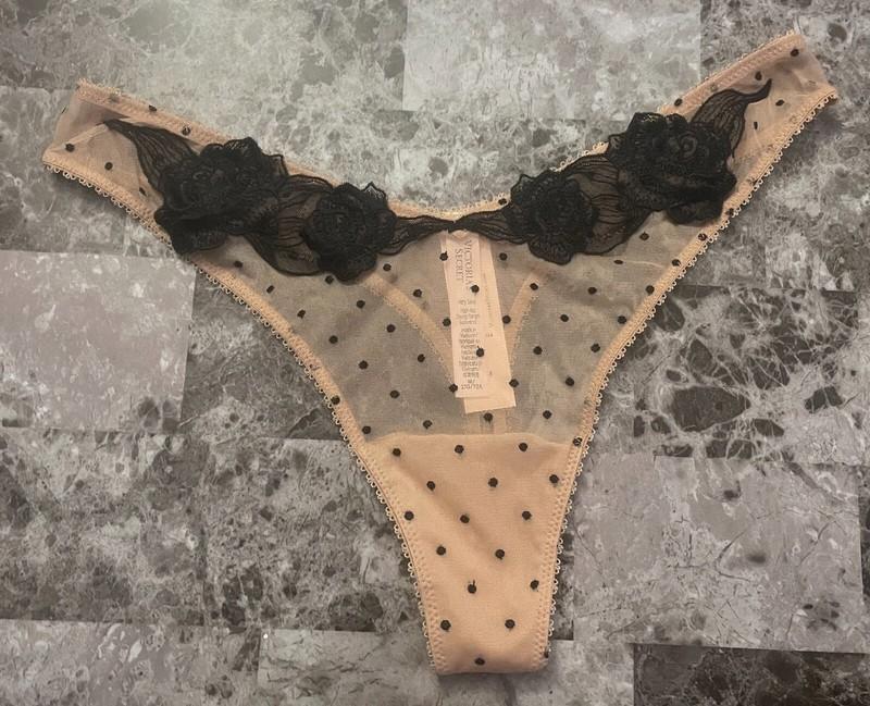 NWT VICTORIA'S SECRET NUDE MESH BLACK POLKA DOT LACE HIGH LEG THONG PANTIES