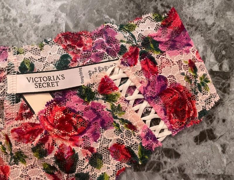 NWT VICTORIA'S SECRET PINK RED ROSE FLORAL LACE UP DOUBLE STRAPPY THONG PANTIES