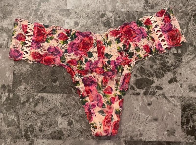 NWT VICTORIA'S SECRET PINK RED ROSE FLORAL LACE UP DOUBLE STRAPPY THONG PANTIES