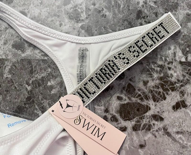NWT VICTORIA'S SECRET WHITE SILVER RHINESTONE SHINE STRAP THONG BIKINI BOTTOM
