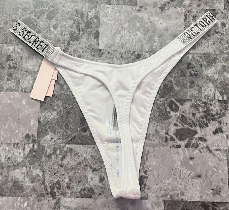NWT VICTORIA'S SECRET WHITE SILVER RHINESTONE SHINE STRAP THONG BIKINI BOTTOM