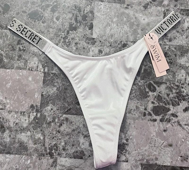 NWT VICTORIA'S SECRET WHITE SILVER RHINESTONE SHINE STRAP THONG BIKINI BOTTOM