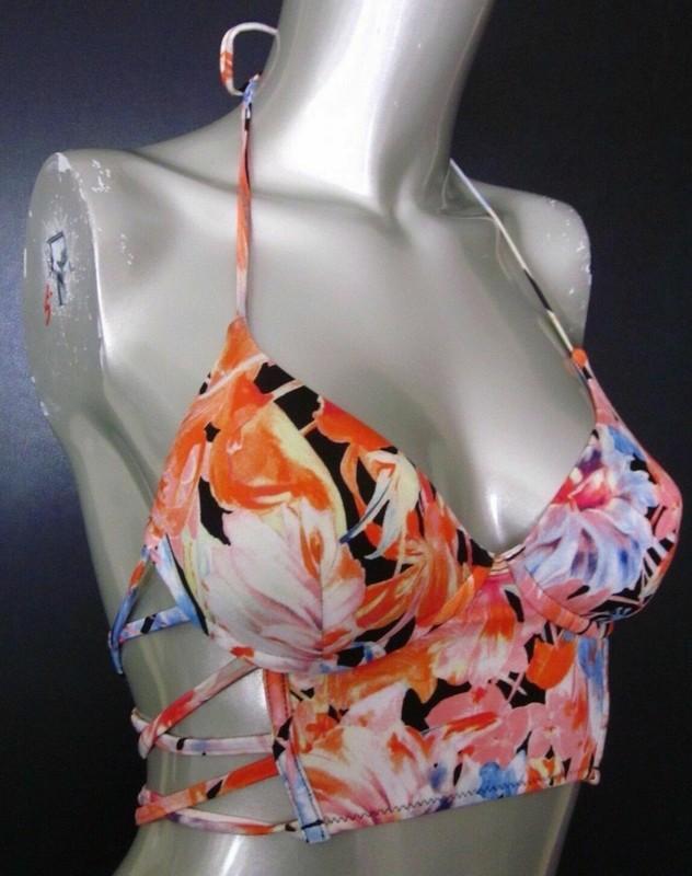 Nwt Victorias Secret Black Floral Strappy Long Line Halter Bikini Top S
