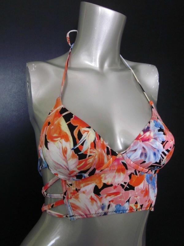 Nwt Victorias Secret Black Floral Strappy Long Line Halter Bikini Top S