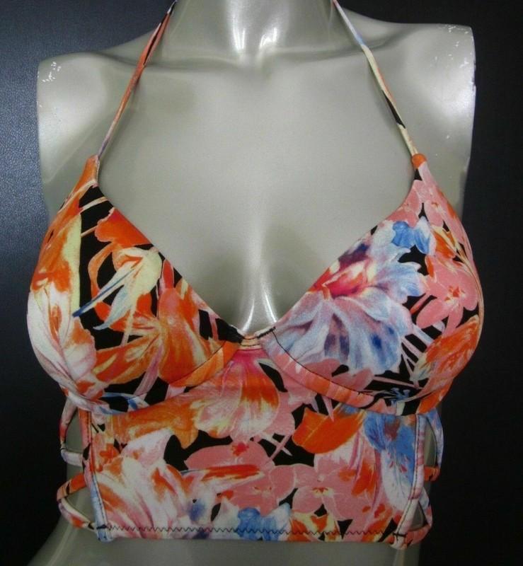 Nwt Victorias Secret Black Floral Strappy Long Line Halter Bikini Top S