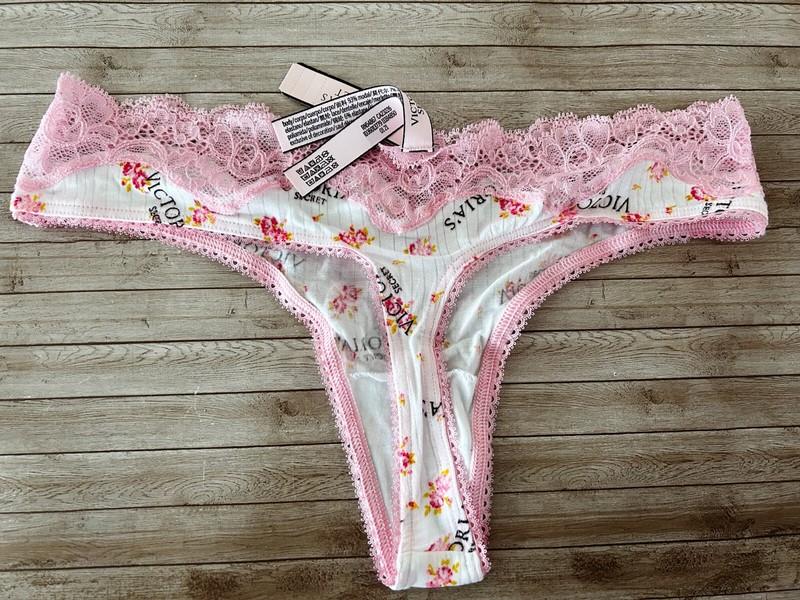 Nwt Victorias Secret Lace Modal Ribbed Logo Thong Panty White Floral Logo XL