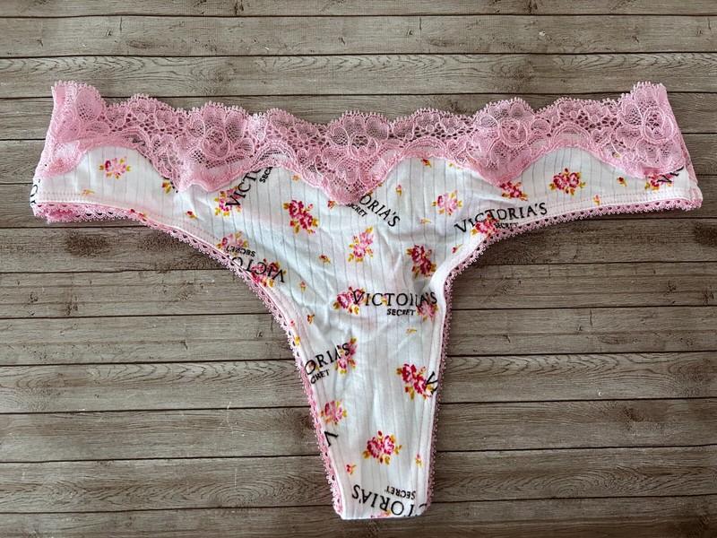 Nwt Victorias Secret Lace Modal Ribbed Logo Thong Panty White Floral Logo XL