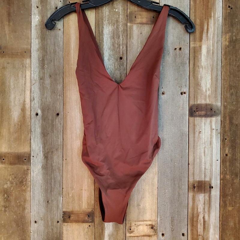 NWT Vitamin A Womens Alana Swimsuit Brown One Piece Sz 12/XL $185 Plunge Cheeky