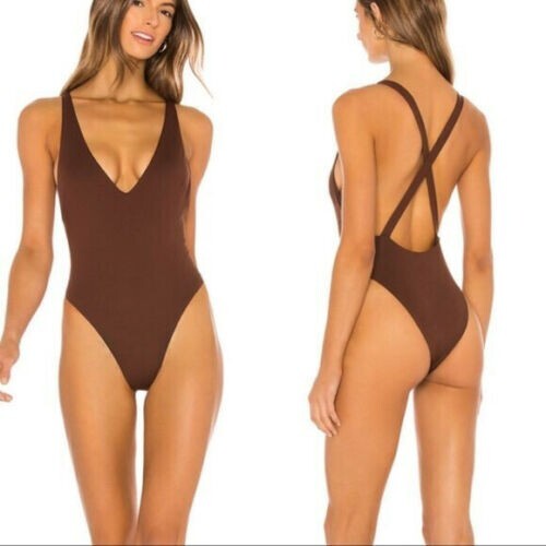 NWT Vitamin A Womens Alana Swimsuit Brown One Piece Sz 12/XL $185 Plunge cheeky
