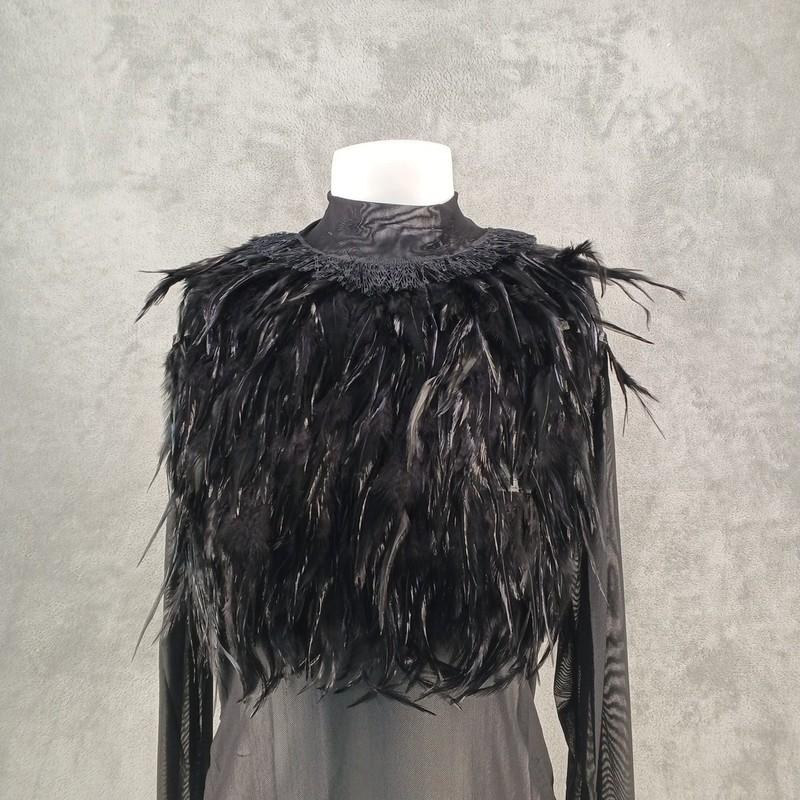 NWT VIVID Women Feather Top Black Mesh Long Sleeve Pullover Mock Neck