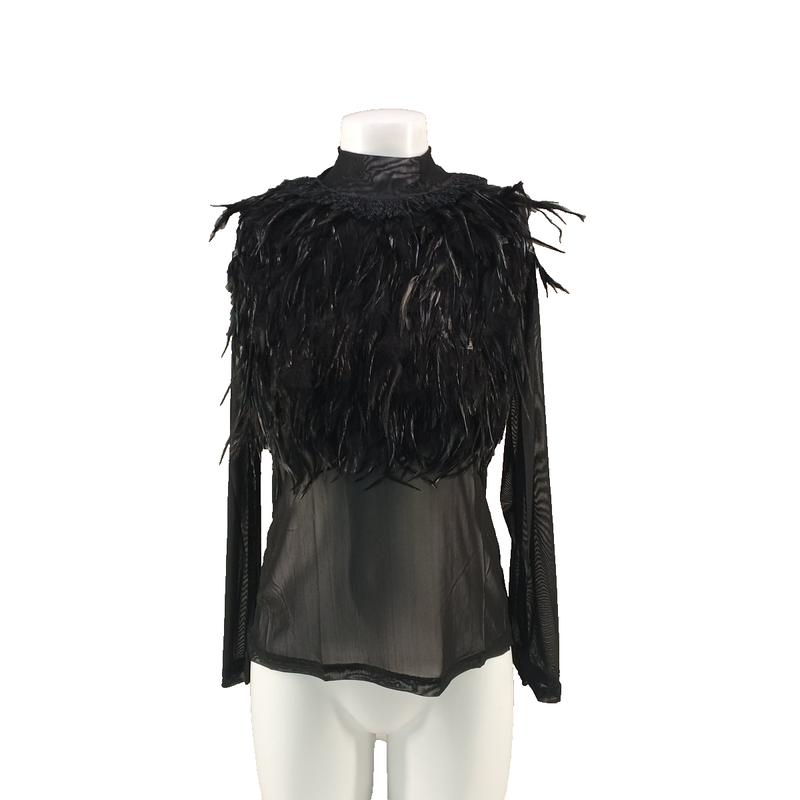 NWT VIVID Women Feather Top Black Mesh Long Sleeve Pullover Mock Neck