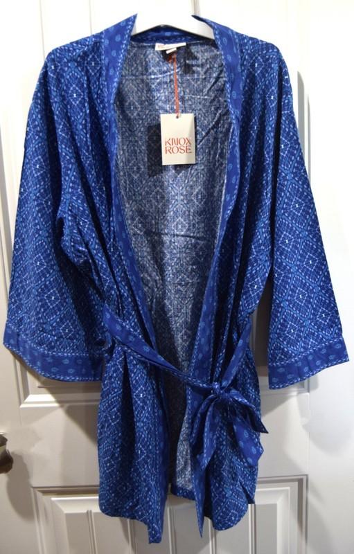NWT Women's KNOX ROSE ROBE Kimono M/L - Blue Lightweight Above Knee Pockets Belt