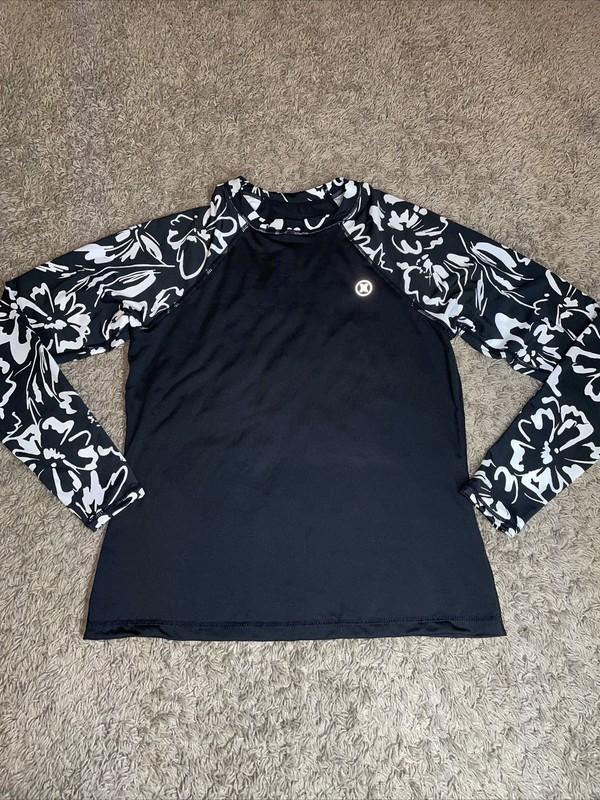 NWT Women's LARGE Hurley Black White Long Sleeve Rash Guard Swim Shirt