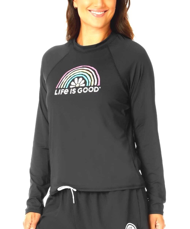 NWT Women's Life Is Good Daisy Rainbow Black Long Sleeve Rash Guard UPF 50+ Top