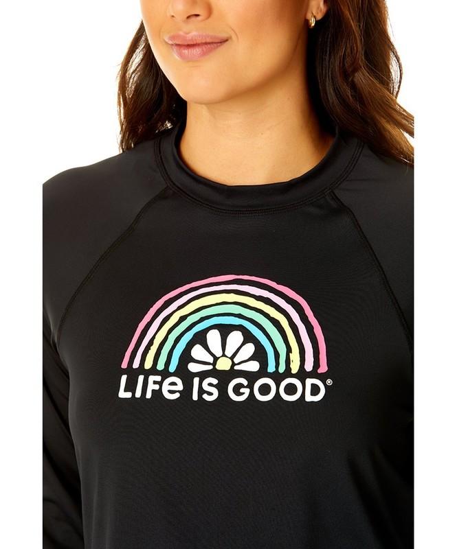 NWT Women's Life Is Good Daisy Rainbow Black Long Sleeve Rash Guard UPF 50+ Top