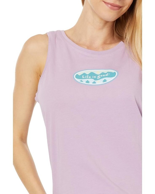 NWT Women's Life Is Good Mountainside Oval Trees Violet Crusher Tank