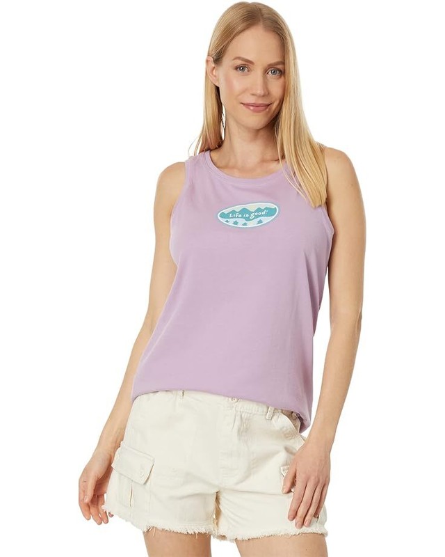 NWT Women's Life Is Good Mountainside Oval Trees Violet Crusher Tank