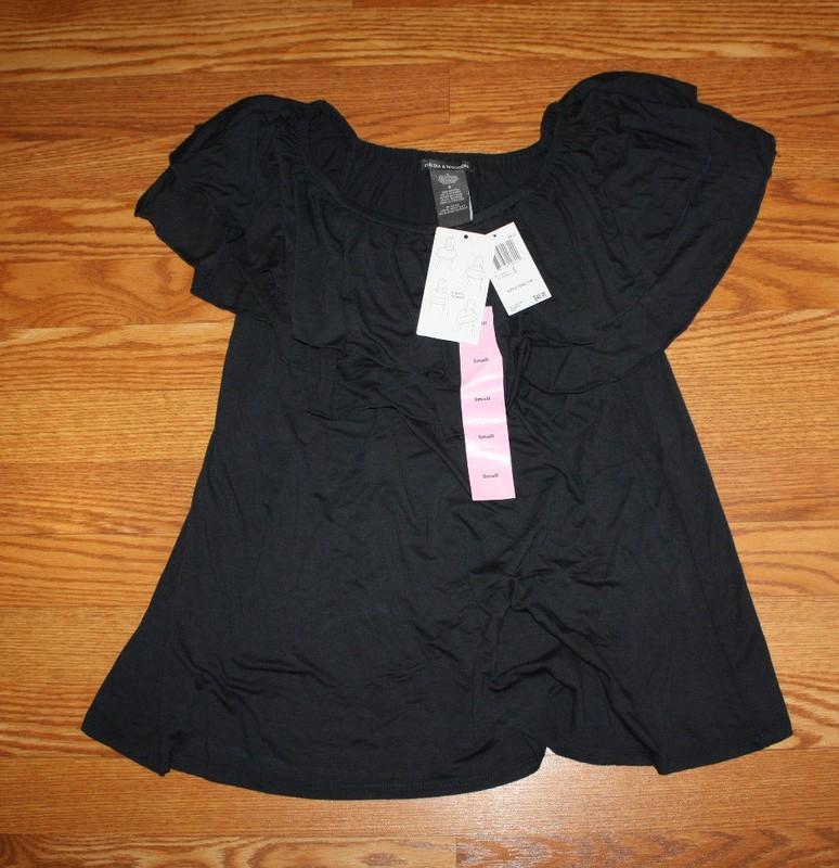 NWT Womens Chelsea & Theodore Black Ruffled Tier Top 4-Way Blouse Shirt Sz Small