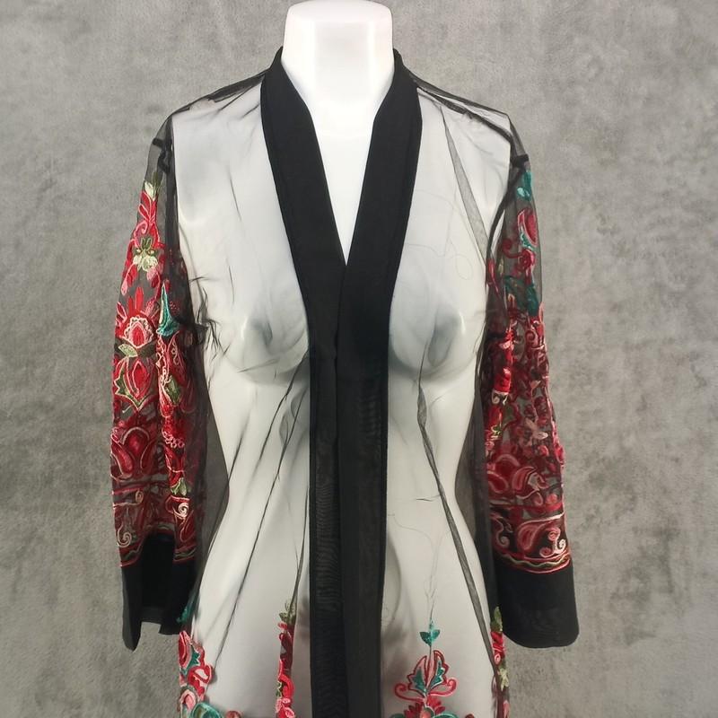 NWT WOWO Summer Kimono Embroidered Floral Mesh Cover Up Plus Size Black