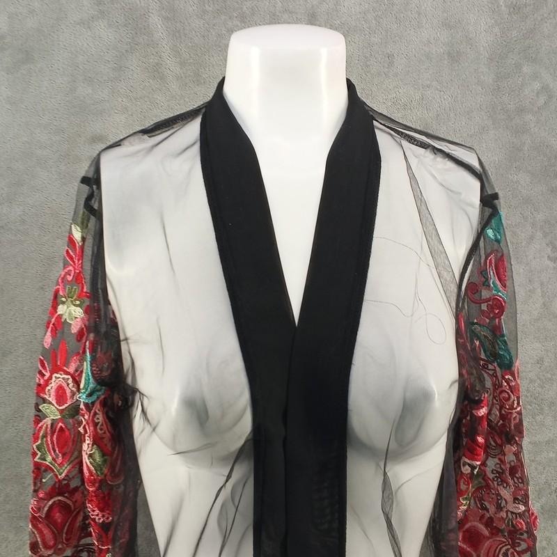 NWT WOWO Summer Kimono Embroidered Floral Mesh Cover Up Plus Size Black