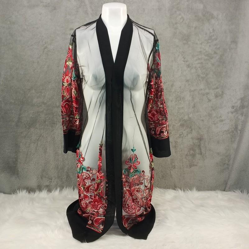 NWT WOWO Summer Kimono Embroidered Floral Mesh Cover Up Plus Size Black