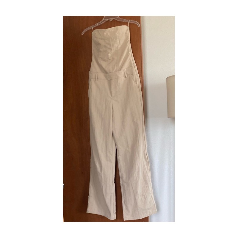 NWT ZARA Strapless Light Khaki Beige Wide Leg Jumpsuit Xs