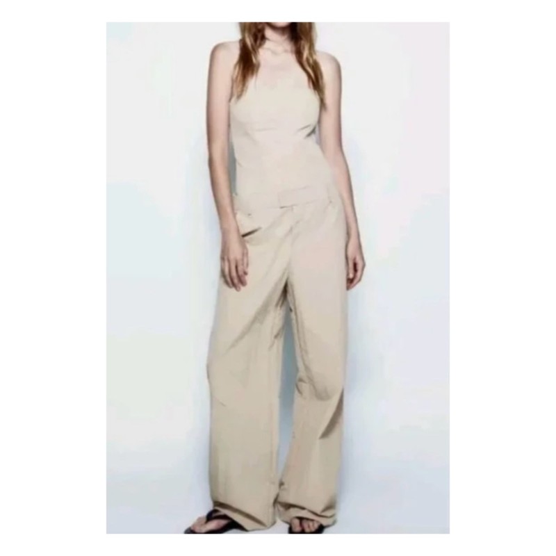 NWT ZARA Strapless Light Khaki Beige Wide Leg Jumpsuit xs