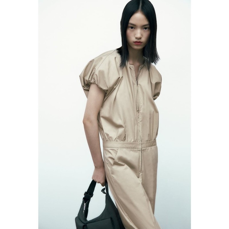 NWT Zara Voluminous Jumpsuit XS Khaki Beige Zip Flight Suit Utility Minimalist